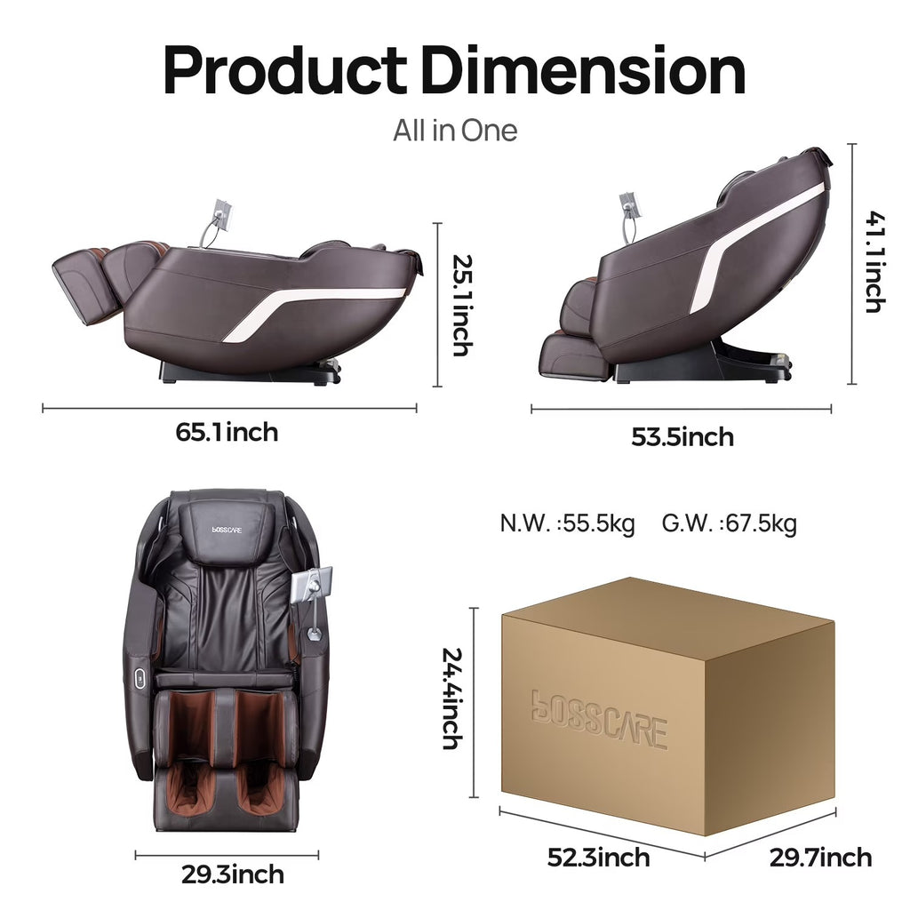 BOSSCARE Full Body Shiatsu Recliner Massage Chair Zero Gravity with USB and Heated, Brown
