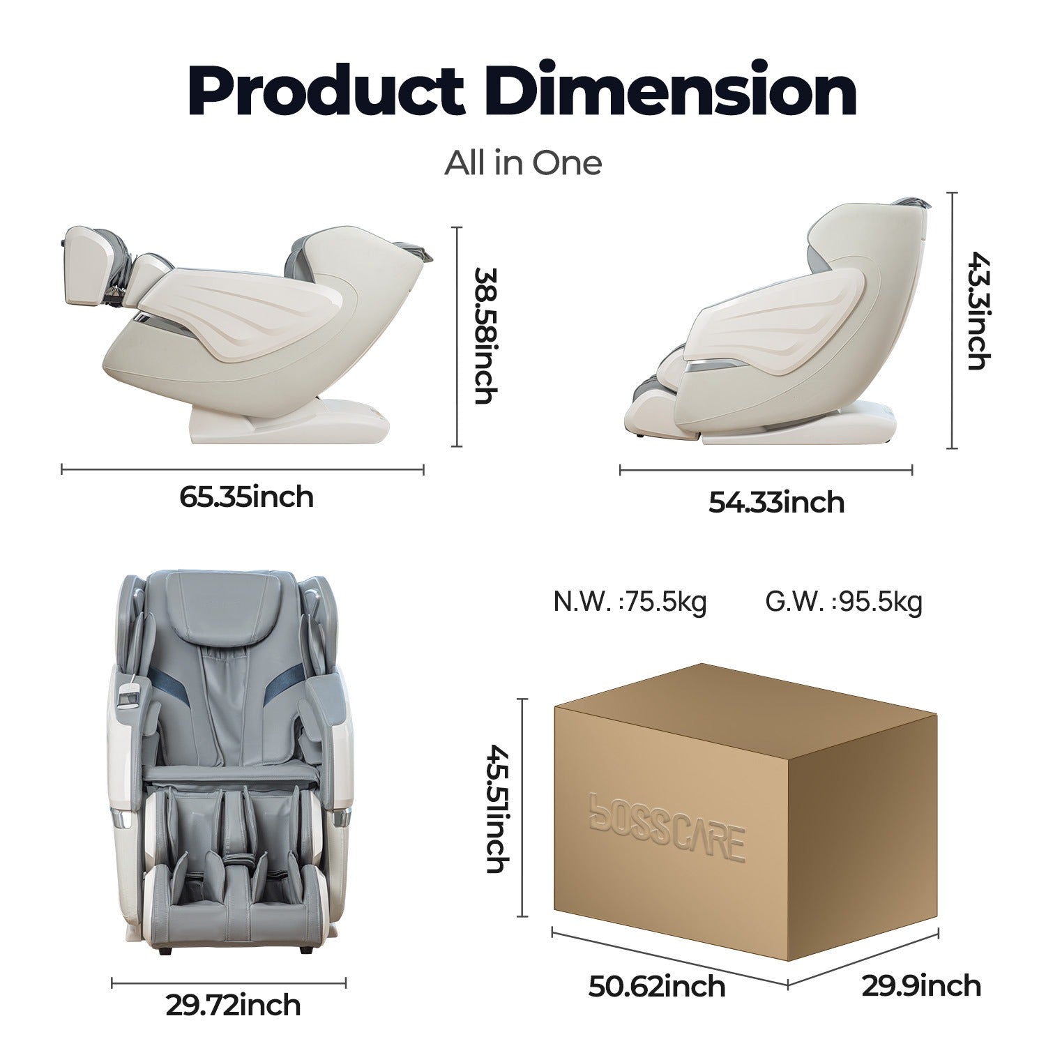 BOSSCARE 4D Massage Chairs with AI Voice, App Control SL Track Full Body Massage Recliner Gray