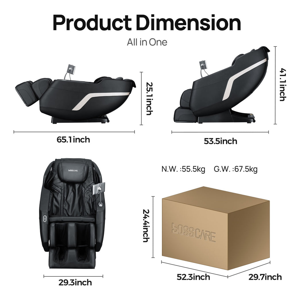 BOSSCARE Full Body Shiatsu Recliner Massage Chair Zero Gravity with USB Port and App, Black