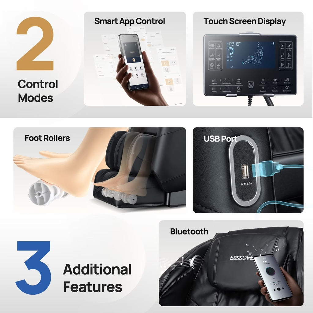 BOSSCARE Full Body Shiatsu Recliner Massage Chair Zero Gravity with USB Port and App, Black